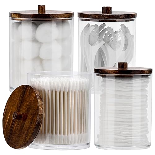 Tbestmax 4 Pack Qtip Holder Dispenser Cotton Ball  Cotton Swab  Floss - 12oz  10 oz Clear Plastic Apothecary Jars for Bathroom Organizer and Storage Containers (Brown Wood Lids) - Image 2